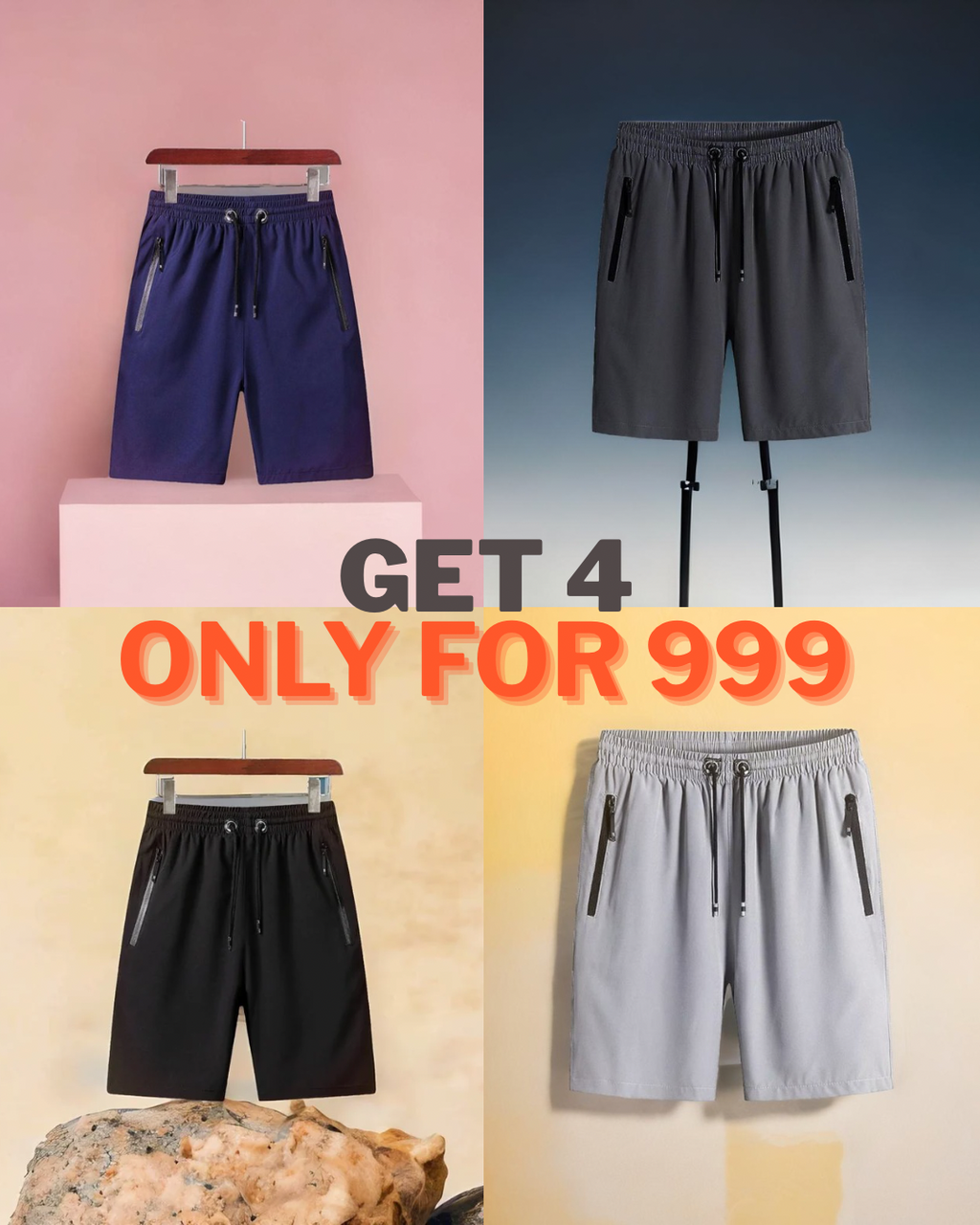 Men's Stretchable Cotton Shorts - Pack of 4