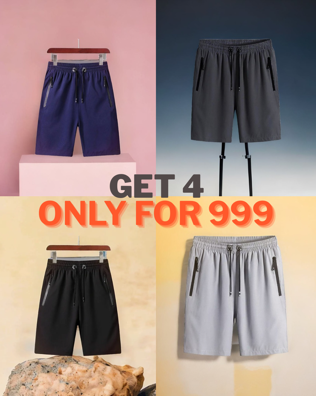 Men's Stretchable Cotton Shorts - Pack of 4